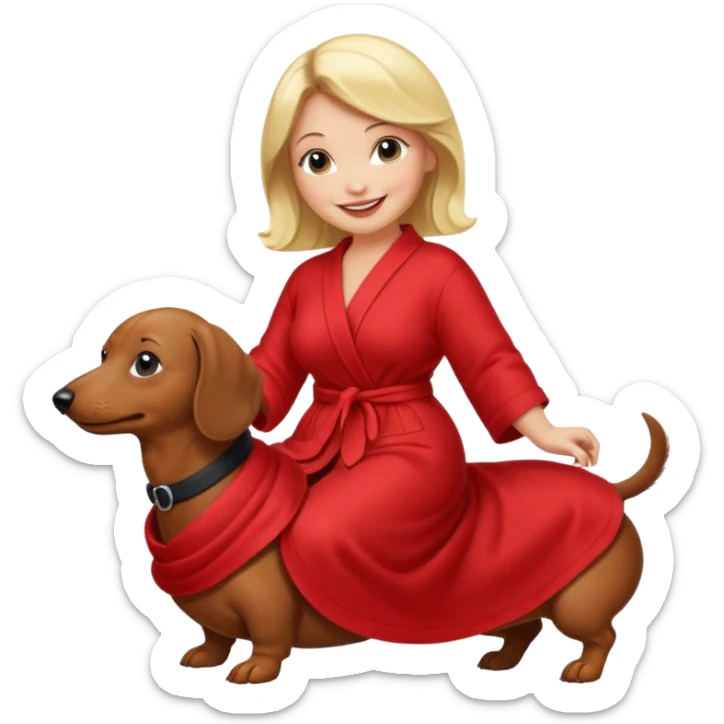 A blonde curvy woman riding on top of a black mini-dachshund wearing a red robe sticker