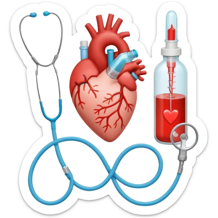 hand holding shape of a loveheart with background of stethescope, heel lancet, baby blood tubes, monitoring cables, baby bottle, cute scrapbooking paper,  sticker