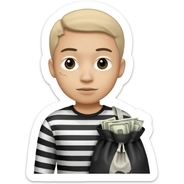Un ladrón con camisa de rayas blancas y negras mirando hacia la frente con una bolsa de dinero  sticker
