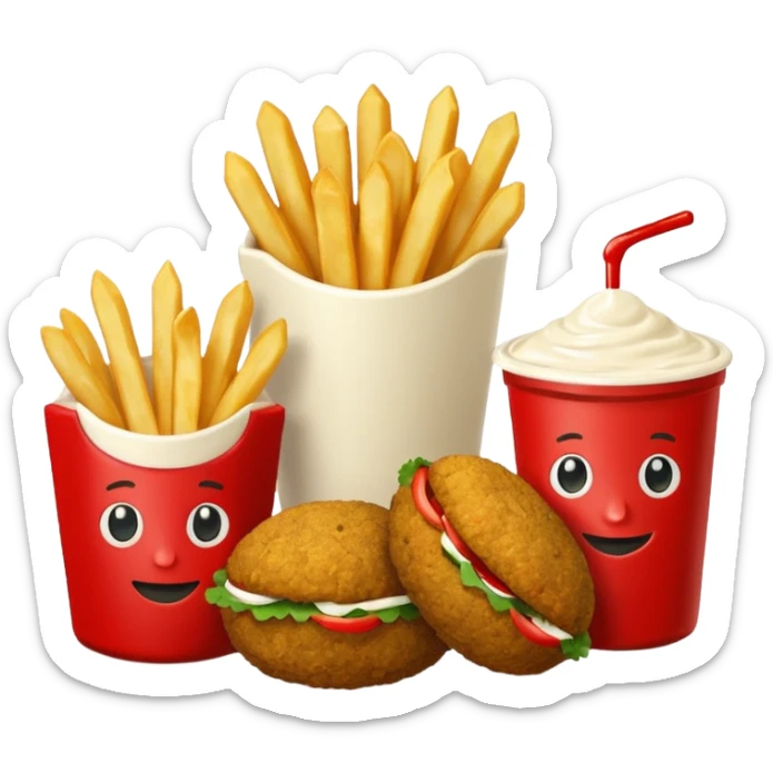 falafel and fries, with two small containers, one with red sauce and one wwhite sauce  sticker