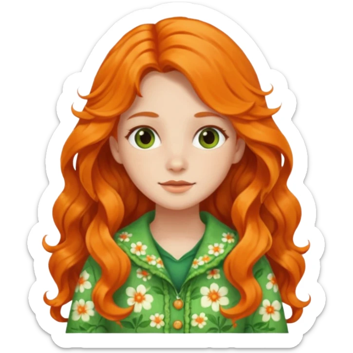 orange wavy long hair girl with wearing green cottage core flowery clothes sticker