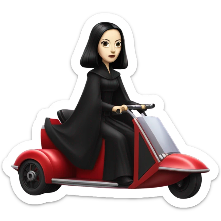 Jedi teen Morticia Addams driving or flying on a red imperial patrol speeder  sticker