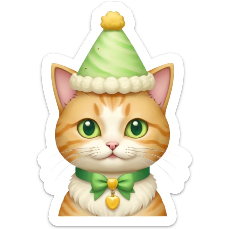 cat wearing a creamy cake hat with fun necklace around his neck and a yellow bow in the middle sticker