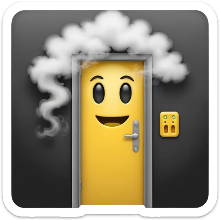 Minimalist emoji-style sticker of a half-open door, with smoke and a single glowing eye visible in the dark inside. Flat design, desaturated colors.
 sticker
