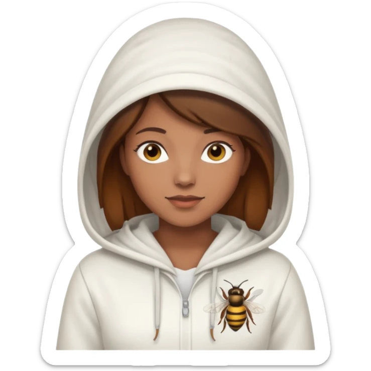 female bee keepers with brown hair, white outfit, white hood, brown skin sticker