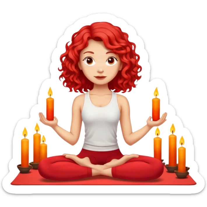 Light skin, yoga, red curled hair shoulder length, candles on the yoga mat sticker