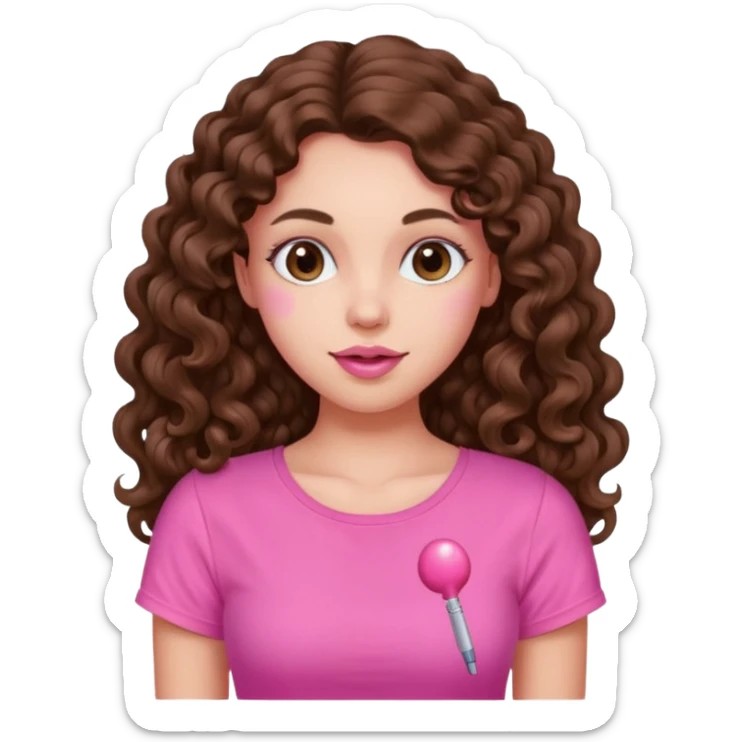 crée moi une jeune fille très belle avec les cheveux bouclés long brune avec un top rose bonbon  sticker