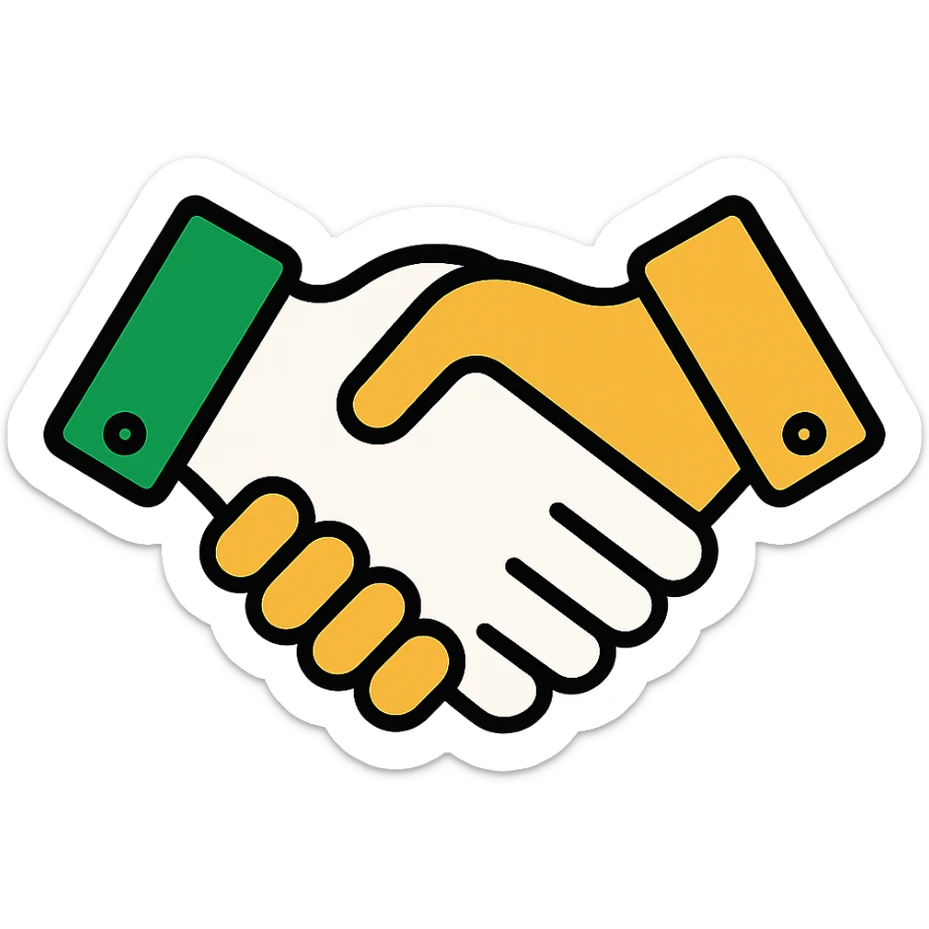 handshake emoji, professional style, green white and gold color scheme, minimalistic, clean lines, no background sticker
