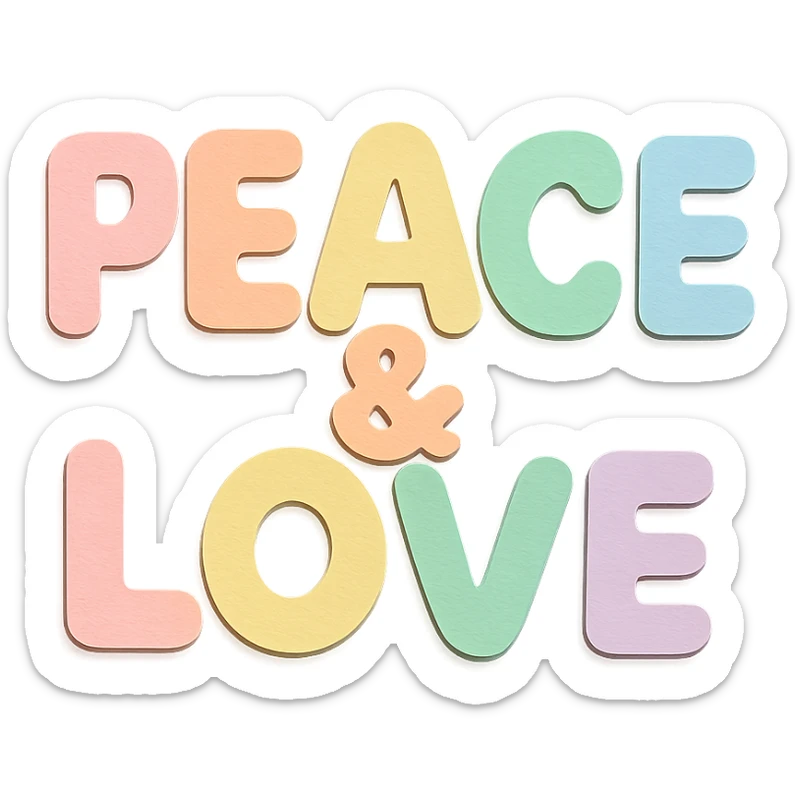 "Peace & Love" in soft pastel rainbow rounded bold letters, kawaii cute font, no border, transparent background sticker