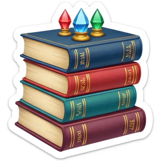 A stack of colorful spellbooks that look like they came out of a fine victorian library sticker