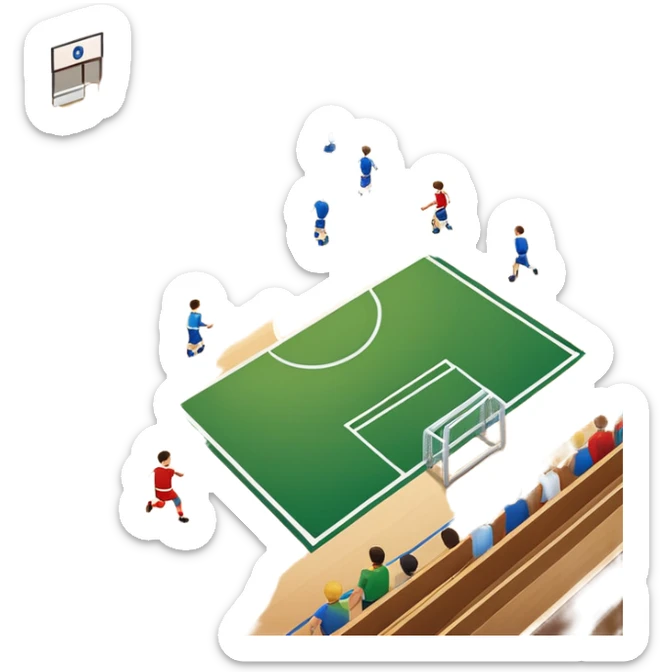 A mini-football match in an indoor sports hall with a wooden floor and clear court markings. The scene captures players in action, with the ball moving towards the goal, and the surrounding bleachers and overhead lights adding to the atmosphere of a competitive game. sticker