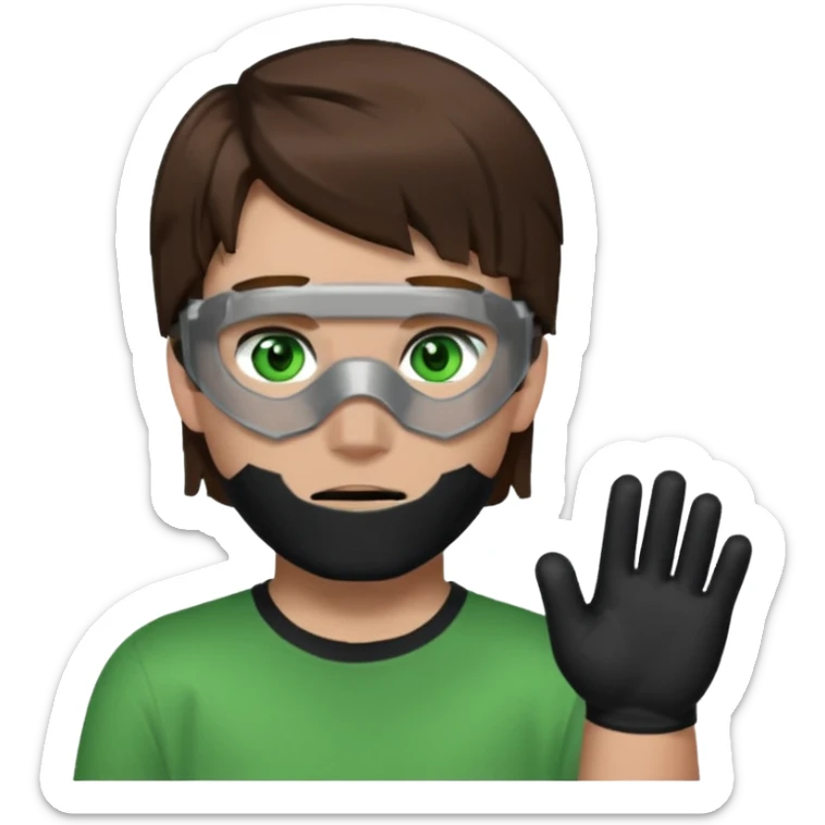 Chico de pelo marrón, ojos verdes y la mitad de la cara color gris ceniza. Con un cubre bocas negro, que tiene una camisa verde por encima de una remera blanca, y tiene un guante negro en una sola de las manos. Estilo minecraft sticker