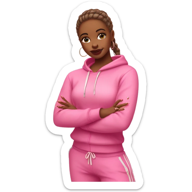 Girl emoji: pink tracksuit, hoop earrings, pink lips, lashes, nails. Poses: peace sign, nails, phone, arms crossed. full body + legs sticker