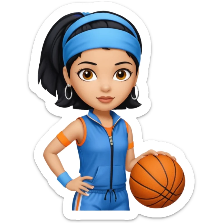generate a pretty bratz that looks like Kajol- bollywood actress
 Wearing a blue zipper with short blackhair and a blue headband. Carrying a basketball sticker