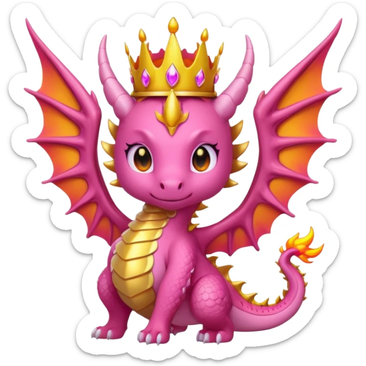 cute pink dragon queen breathing fire, golden crown, big wings, glowing eyes, pink and orange flames, epic kawaii fantasy style, bold outline, high contrast, transparent background, twitch badge sticker