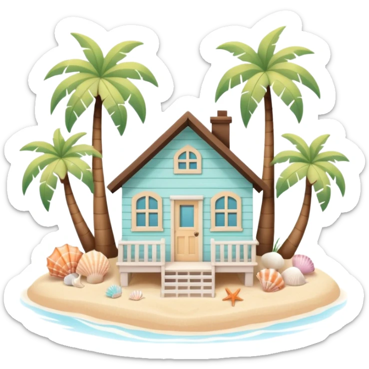 cute beach house, small seaside house, wooden walls, pastel colors, palm trees, seashells, warm sunlight, 3D cartoon, mobile game icon style, soft shadows, clean background, no text, no watermark
 sticker