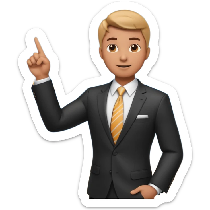A stylized 3D emoji icon of a male financial analyst in a sharp formal suit and tie. He has a confident, speaking expression and is pointing his finger back towards a large digital screen behind him. The screen is glowing with complex financial line graphs, upward arrow trends. sticker