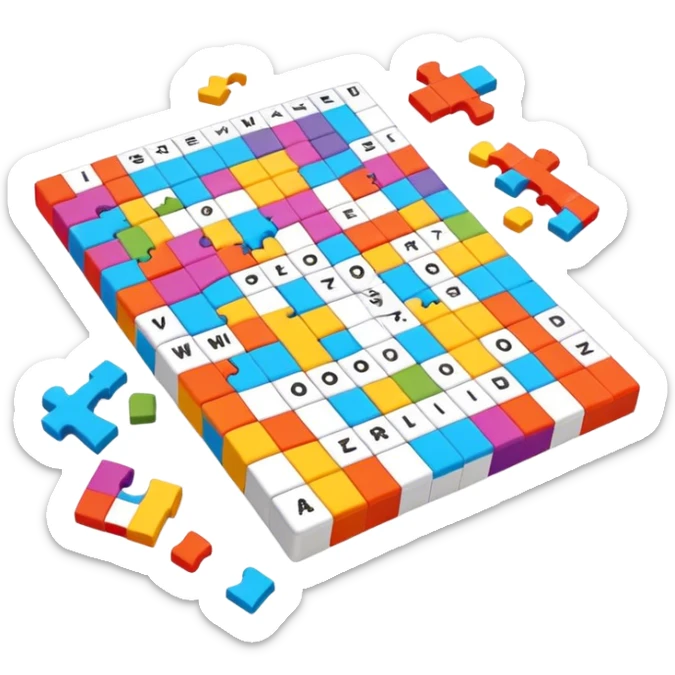A photorealistic icon with a colorful, fragmented crossword magazine, a 3D puzzle, and a partially completed puzzle on a table. Bright, detailed design with realistic lighting. Transparent background, clearly symbolizing puzzles and brain games. sticker