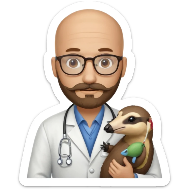 A bald veterinarian with a beard and glasses, mustache holding an the animal is "anteater" oso hormiguero  sticker