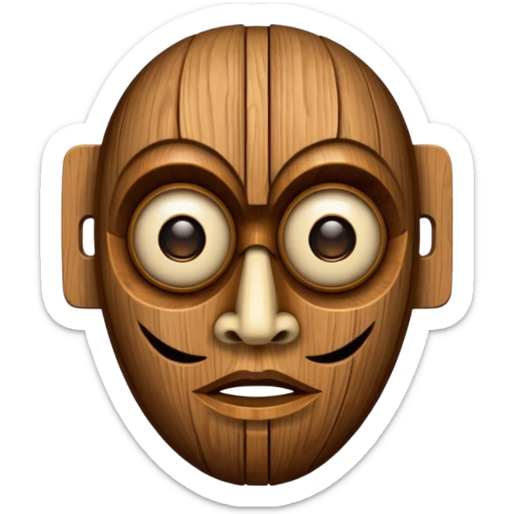 Wooden Mask, Brown carved wood face with hollow eyes. sticker