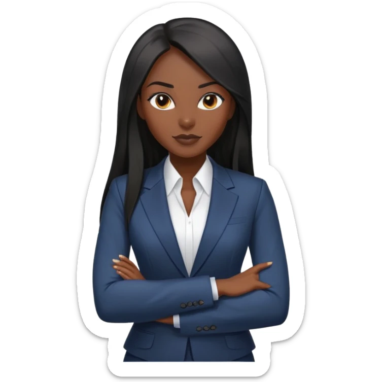 Confident African businesswoman with straight long black hair, sleek professional look, wearing power suit sticker