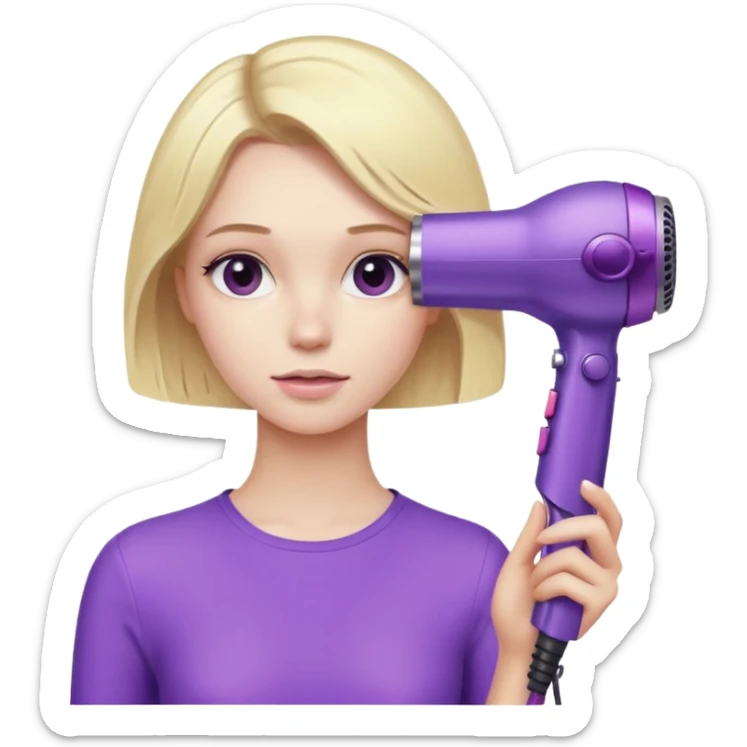 blonde girl drying hair with a purple Dyson hair dryer sticker