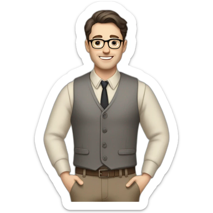 Full height Pale skinned Fit Man With dark brown hair in gray jacket, vest, tie, beige office shirt, Brown pants and vintage glasses. Thrumbs of his palms directed up sticker