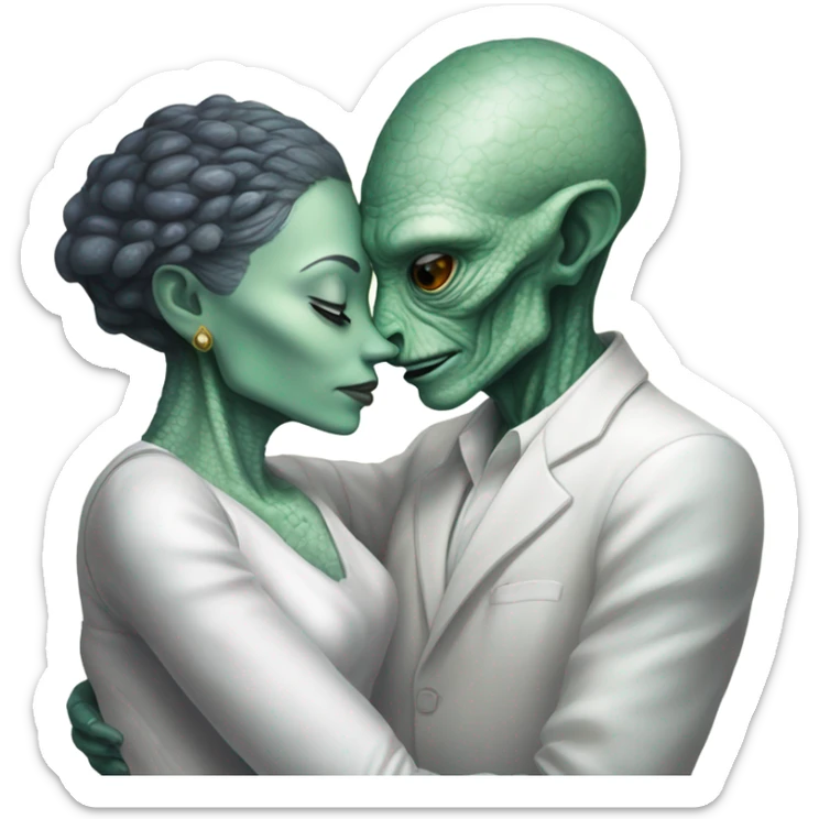 Alien reptilian woman in white dress hugs and kissing White man sticker
