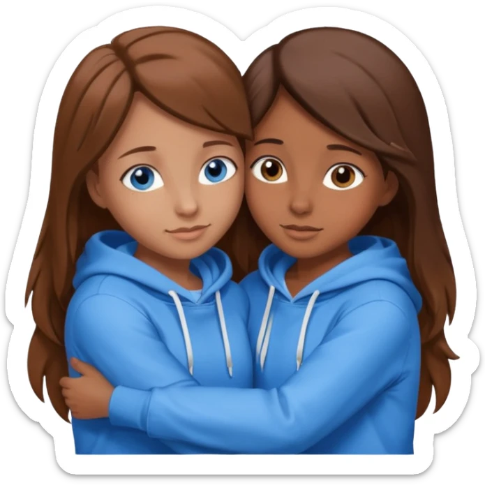 two Girls, Brown and Blonde hair, with Blue Eyes hugging one has Brown hair cute Hug another Version  Both Blue eyes and white hoddies sticker