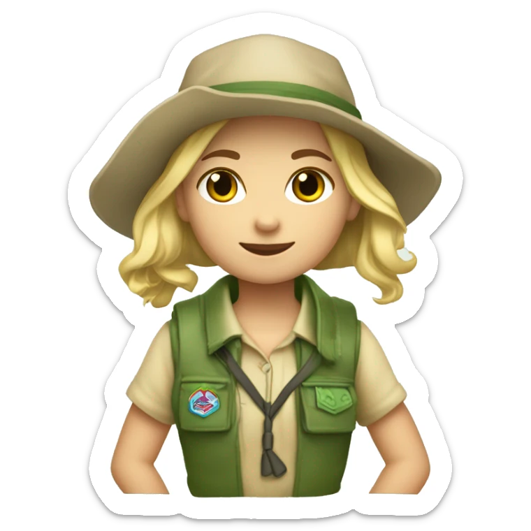 Crea una niña scout con un pañuelo verde agua que sea rubia sticker