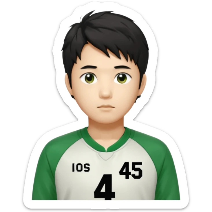 Draw Seong Gi-hun (Player 456), Korean male, messy black hair, green tracksuit with white number 456 printed on chest. sticker