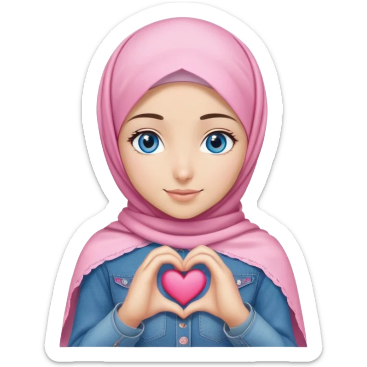 Turkish beautiful finish Konya girl blue eyes with denim and pink hijab islamic dress and making heart with hands and with thank you text sticker