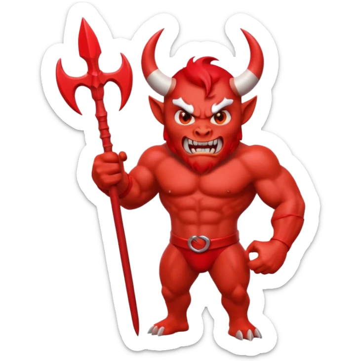 Red devil emoji, 3D cartoon style, muscular body, bright red skin, big curved white horns, angry face, sharp teeth smile, holding red trident, glossy emoji texture, centered character, GREEN SCREEN BACKGROUND, solid green color sticker
