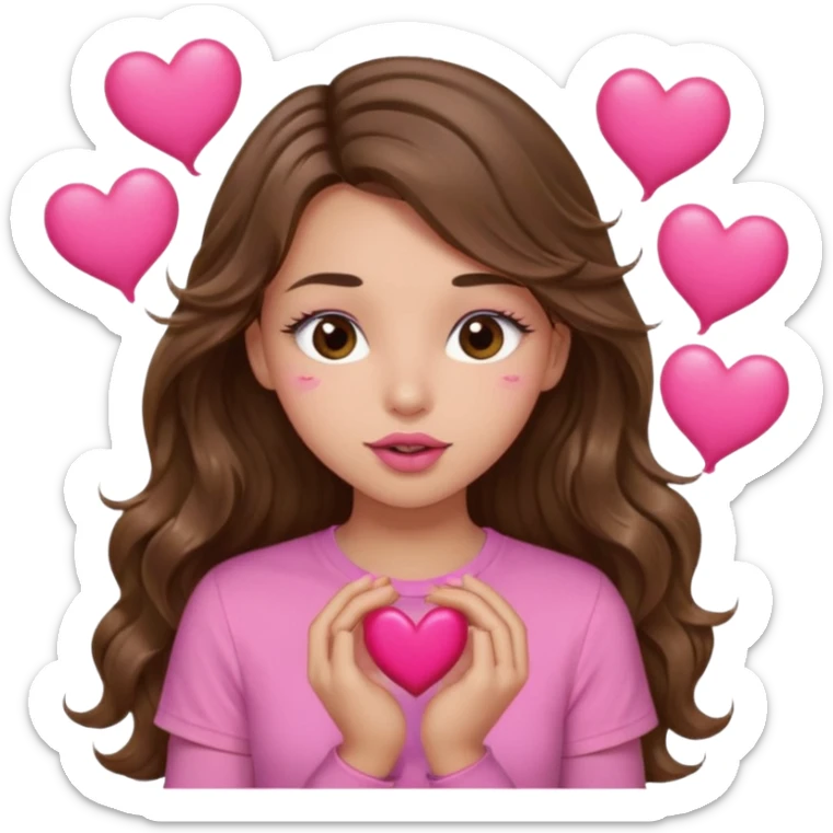 girl with long wavy brown hair, brown eyes, light to medium complexion, in a pink shirt, pink lips, long lashes, puckering up for a kiss, many  hearts in hand sticker