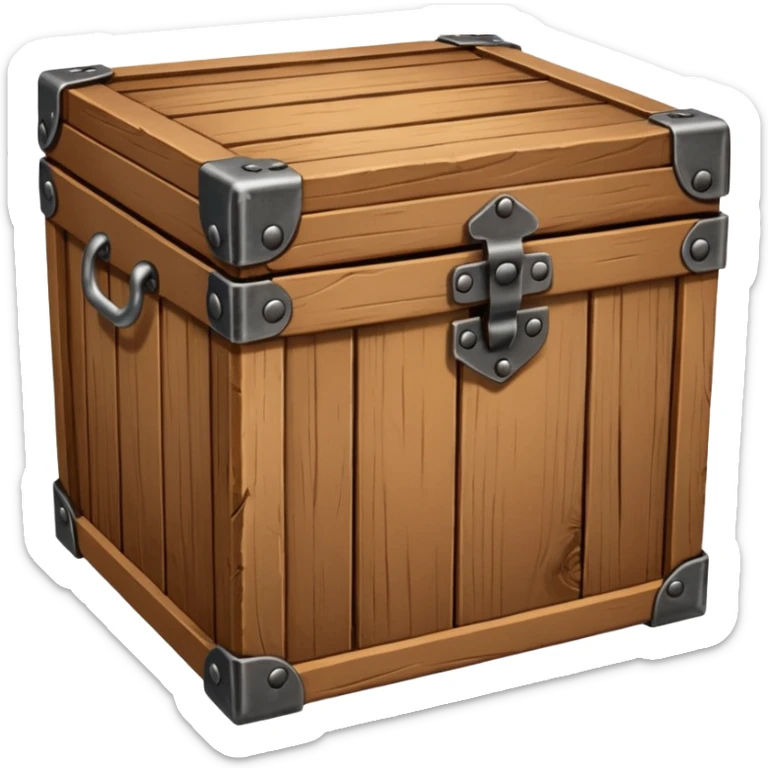wooden box emoji, square box with wood texture, metal brackets on corners, vivid highlights sticker