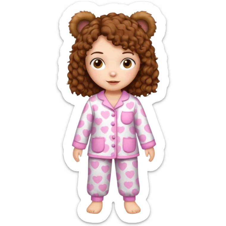 Grown up Woman with brown eyes, brown curly hair, white skin, full body in cute pijama bear sticker
