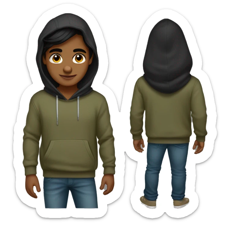 India boy middle parting black long hair dark hazel eyes hoodie with hood down olive skin sticker