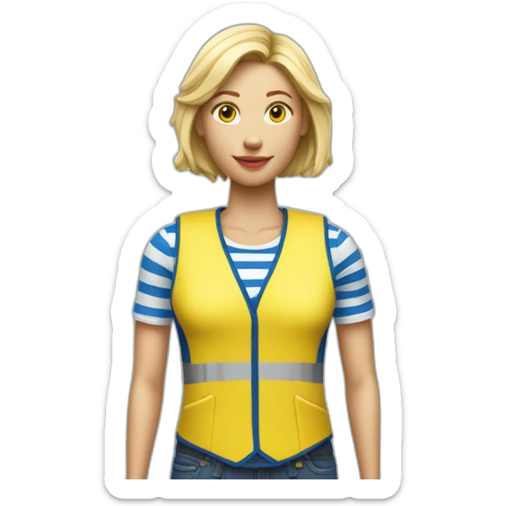 Ikea coworker blond woman blue stripes t-shirt and yellow security vest sticker