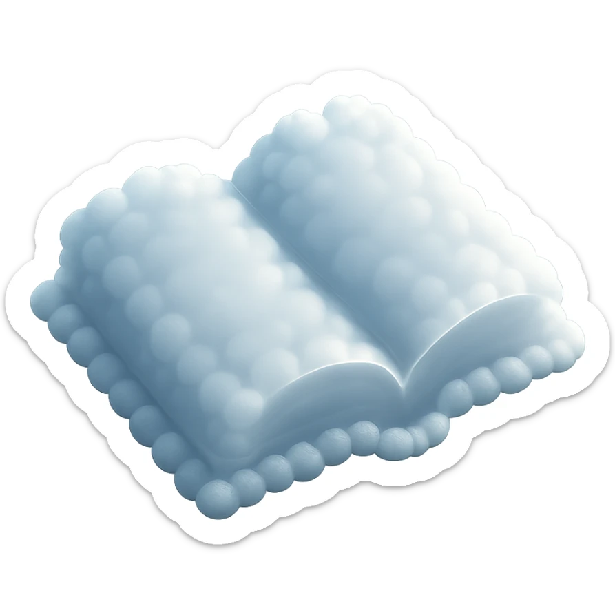 top view of a thick open book made entirely of small, very bright white fluffy convex clouds, matte glass style sticker