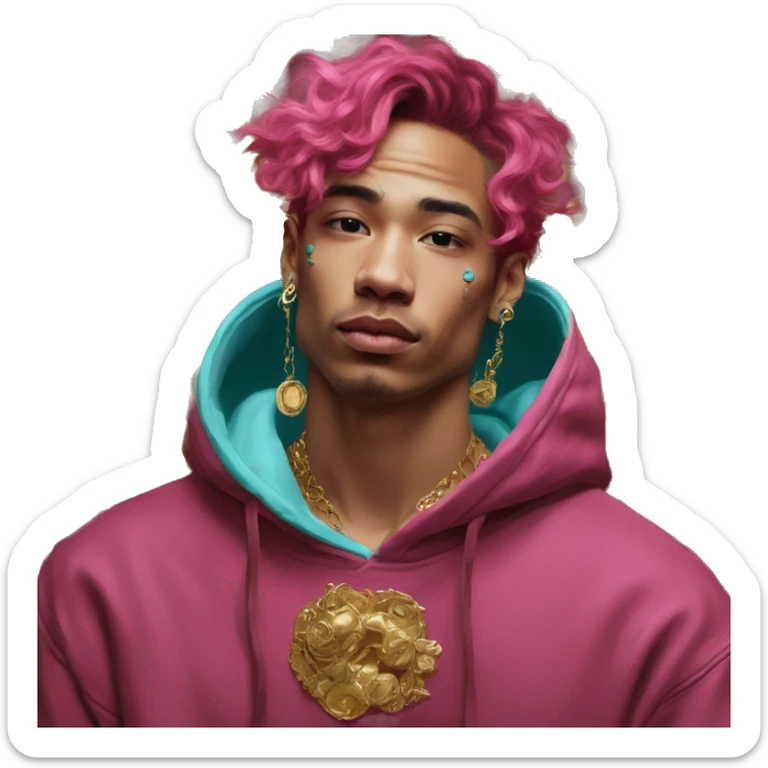 Vintage painting swirls gold jewellery baroque raven wings angel tropical Deep pink maroon burgundy cyan dark hoodie man vitiligo dyed hair gold piercings nose piercing ear piercings sticker