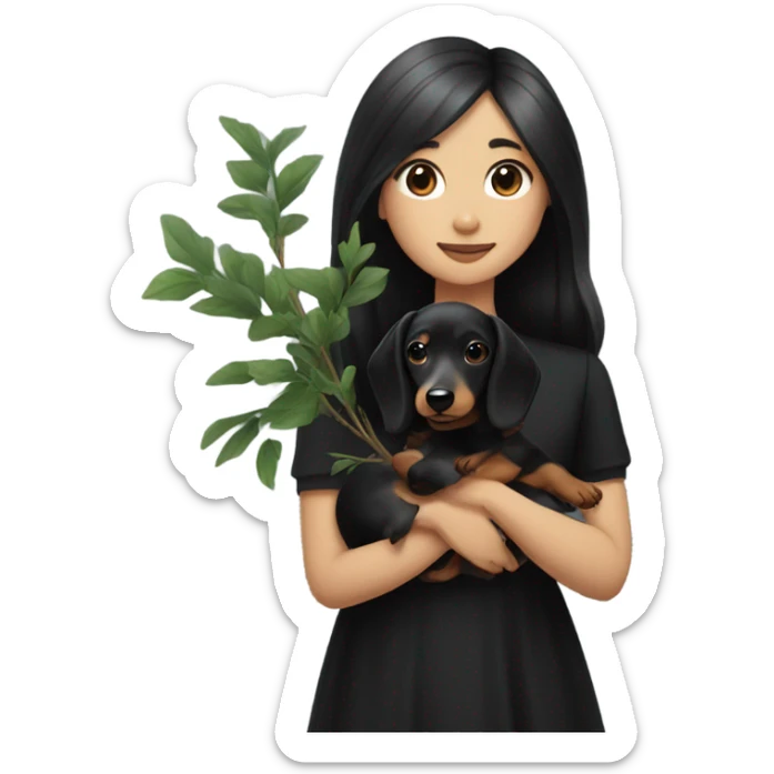 an Asian girl with long hair, wear black dress, hugging a black and tan long haired dachshund with a branch in its mouth sticker