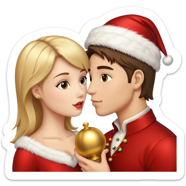 a handsome man and a pretty woman kiss Christmas bell sticker