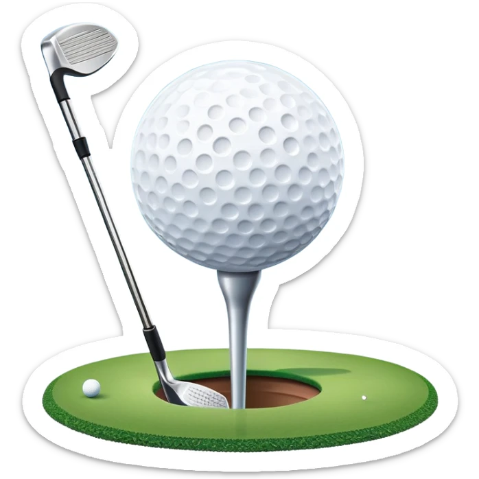 A close-up golf ball on a tee, with a golf club placed beside it, set on a well-manicured green. The background is a peaceful golf course with a clear blue sky, emphasizing the tranquility and skill required for the sport. sticker