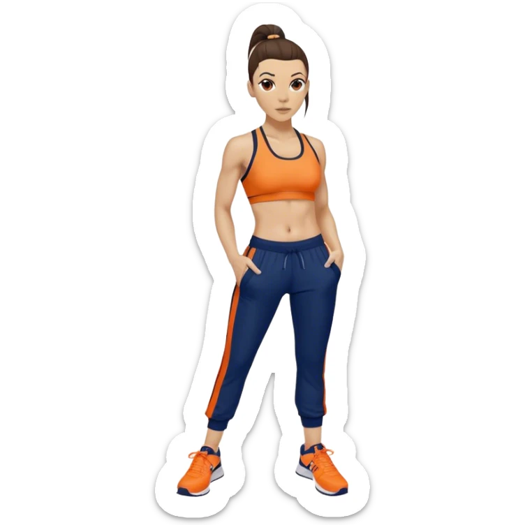 Melanie chisholm with a dark brown high ponytail, wearing an orange sports bra and navy blue track pants with sneakers sticker