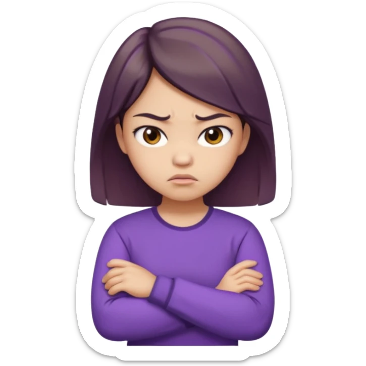 Angry Pouty girl with small asian eyes folding arms in a purple longsleeve shirt she has fair skin and medium length brown hair with highlights sticker