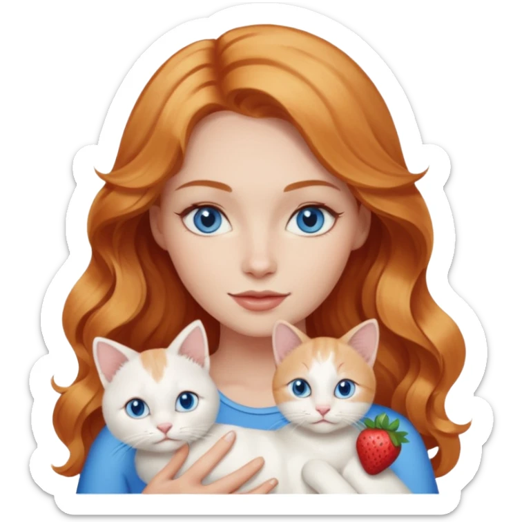 Long wavy strawberry blonde blue eyes woman with a white cat with blue eyes realistic  sticker