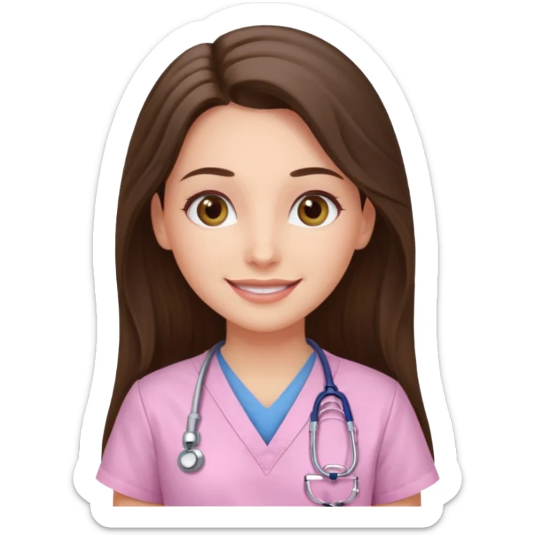 happy long haired brunette girl hazel eyes in light pink at the doctor's sticker