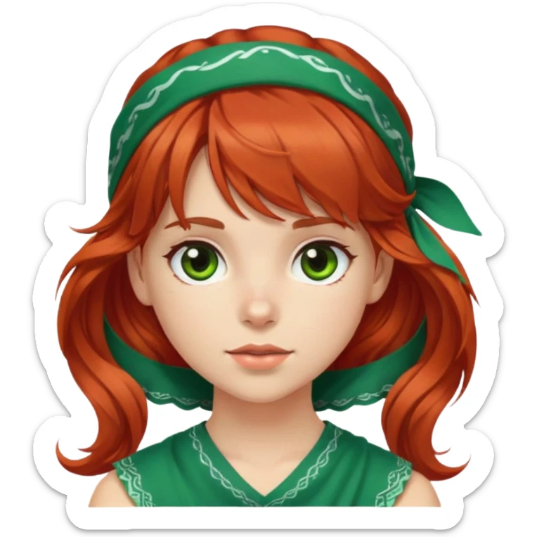 White red-haired girl with wavy hair, brown eyes, bangs, and a green bandana on her head and brown eyes sticker