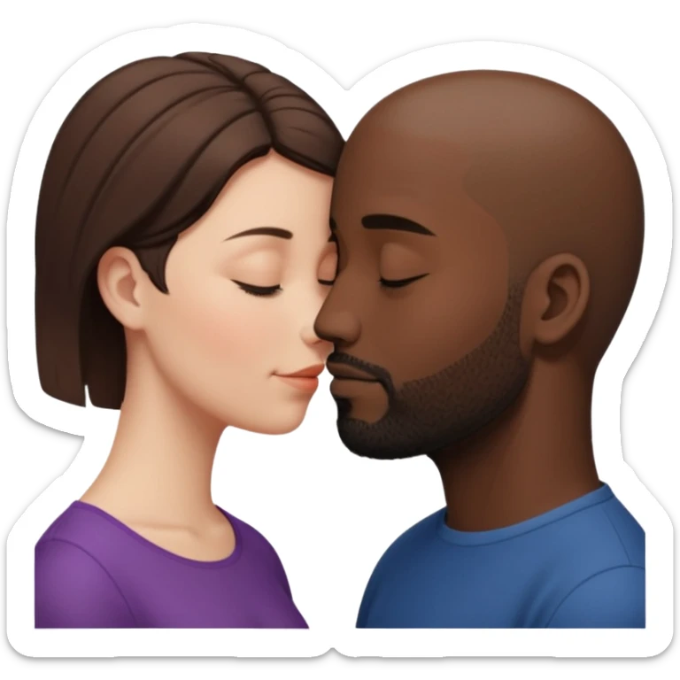 a white woman with short brown hair and a black man with no hair and a beard are facing one each other and their forehead are touching. They close their eyes and their are in love. The space between their nose is a bit larger sticker