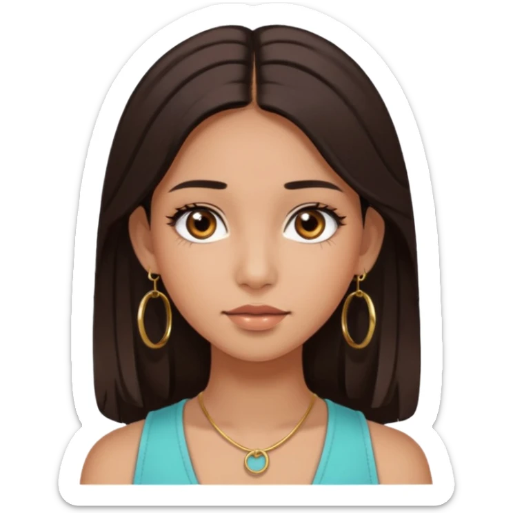 girl with brown asian eyes, long eyelashes, layerd mid length hair dark brown, tanned skin hoop earrings middle parting hair  sticker
